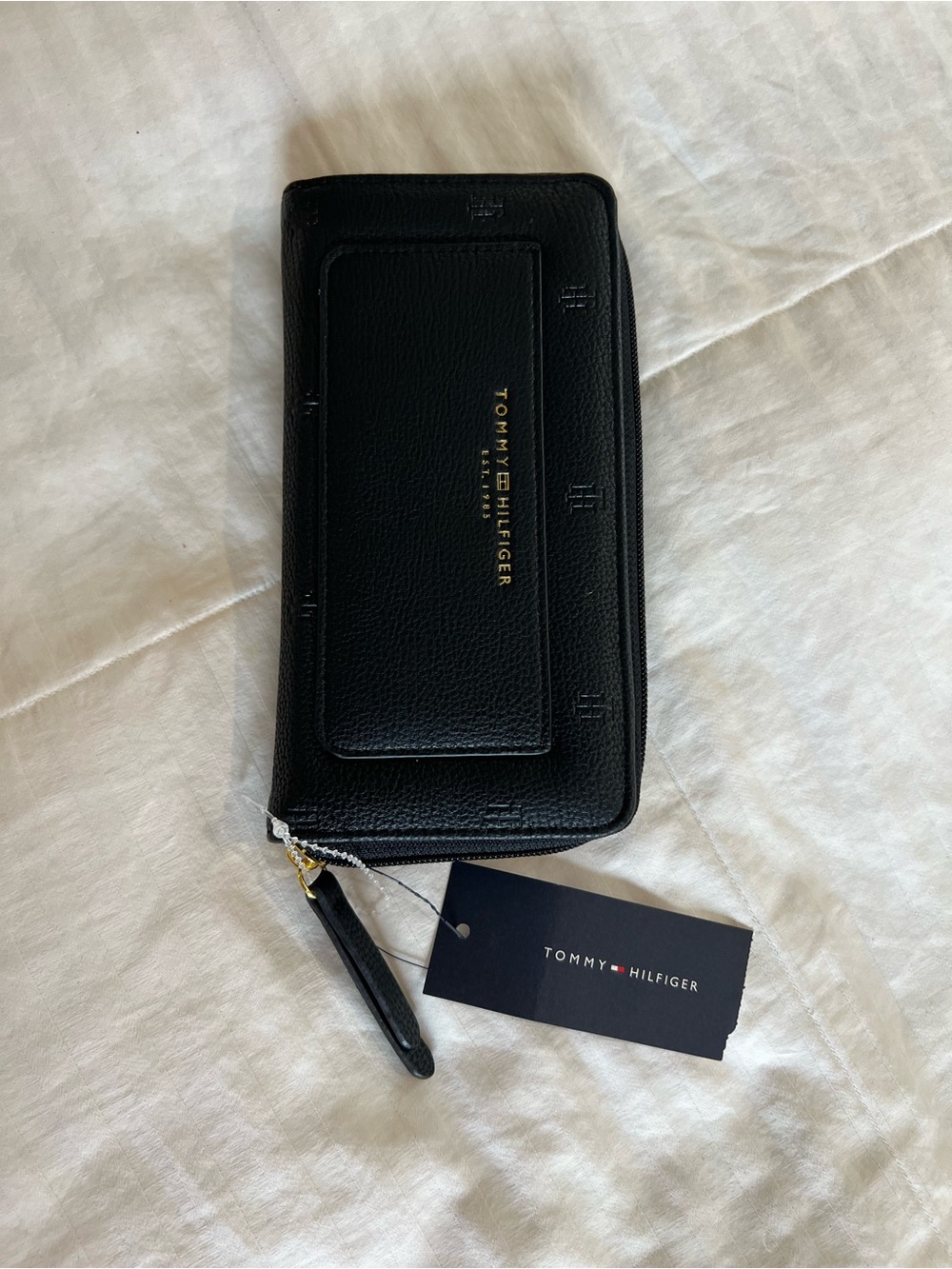 Tommy Hilfiger Black Leather Zip Around Wallet with Gold Logo